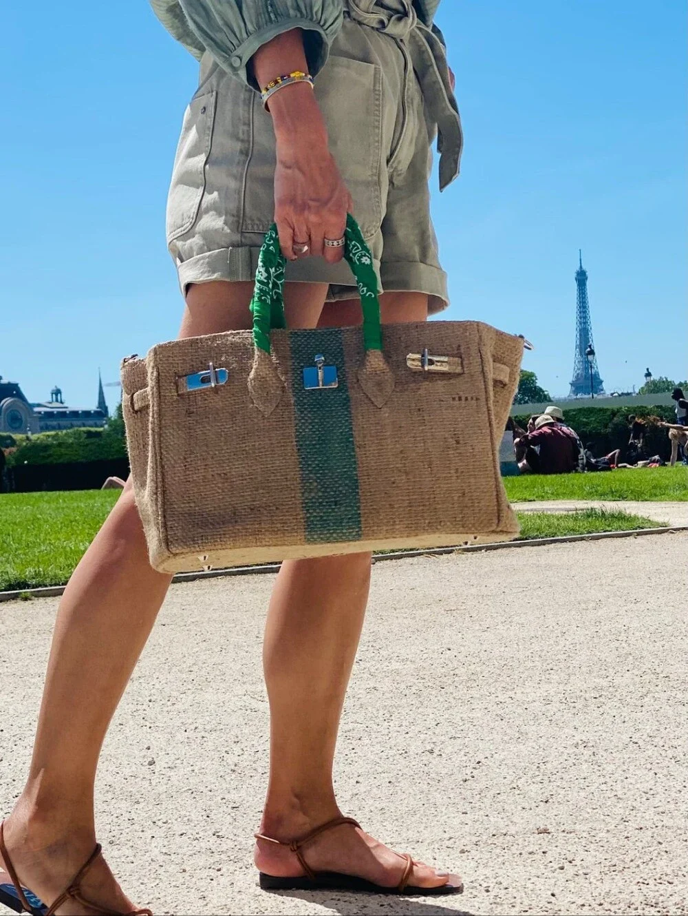 Woven Paris Jute Burlap Satchel Bag with Green Bandana Wrapped Handles Accent